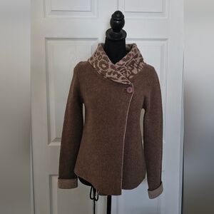 Chiaramente Italy Wool Blend Knit Wrap Jacket - Brown Leopard Collar - Size S